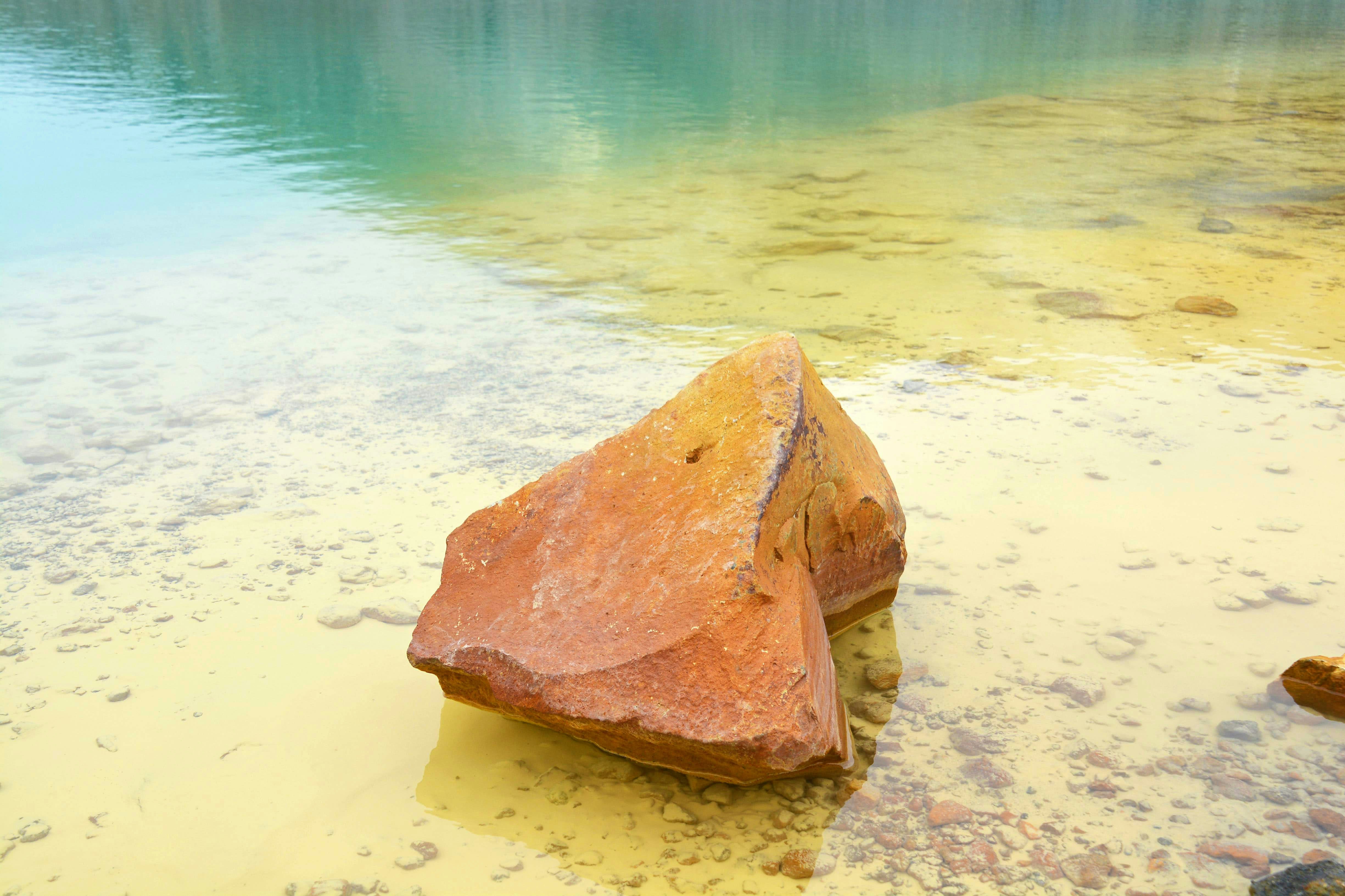 brown rock on white sand near body of water during daytime